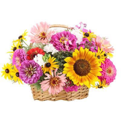 Цветы в корзинке с подсолнухами